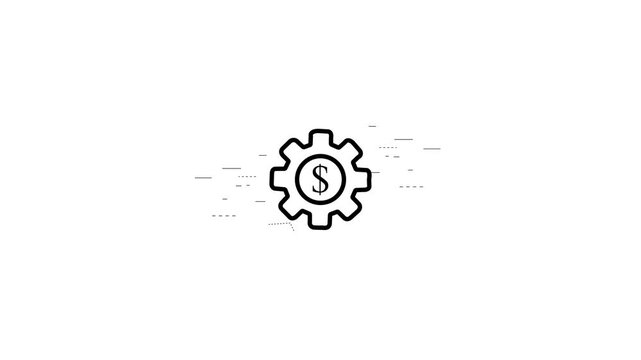 Dollar Minimal Black Outline Gears Rotating on Clean White Background, Vector Animation Layout for Technical Processes, Mechanical Engineering Machinery and Business Teamwork Concept