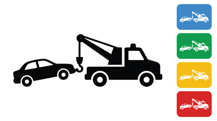 Fototapeta premium Tow truck graphic vector illustration showing a breakdown recovery vehicle pulling a small damaged sedan car in flat modern style