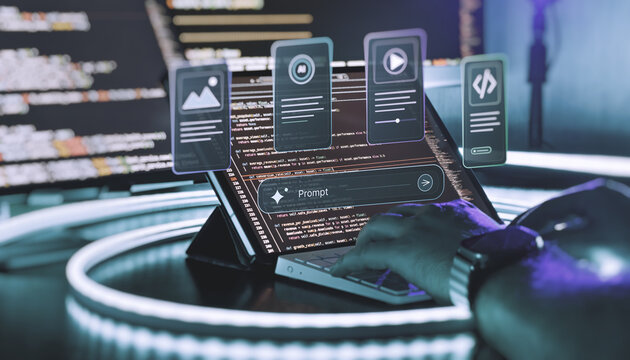 Concept of AI-assisted programming. Monitor with code and a floating generative AI chat interface with a prompt box.