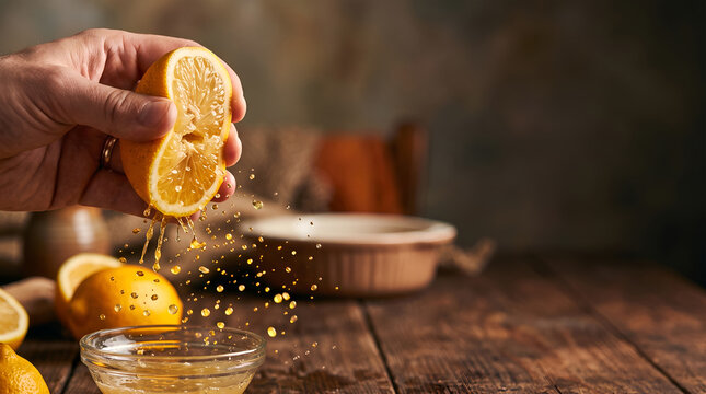 Hand Squeezing Lemon with Juice Splashing into Glass Bowl, Baking Preparation Scene on Wooden Table