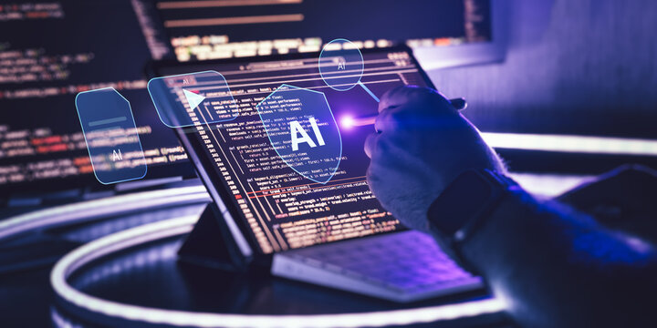 Programmer using stylus to interact with futuristic AI interface and software code on laptop screen.
