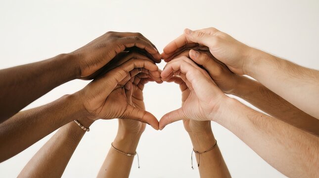 Diverse people showing unity and love by making a heart shape with their hands on a white background