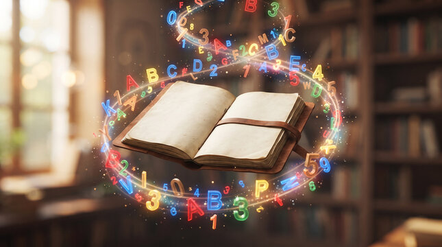 An open vintage book floating in a library with glowing colorful letters and numbers ad social media download thambnail poster web template event festival 2026 2027 2028