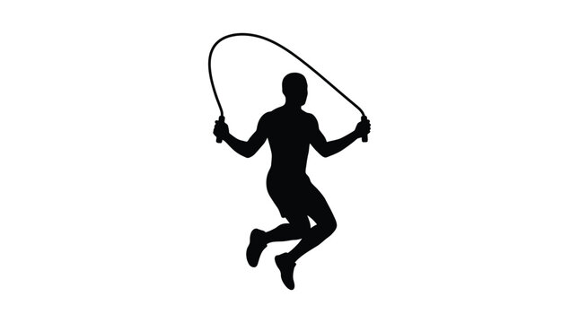 Jumping person with rope black silhouette against white background