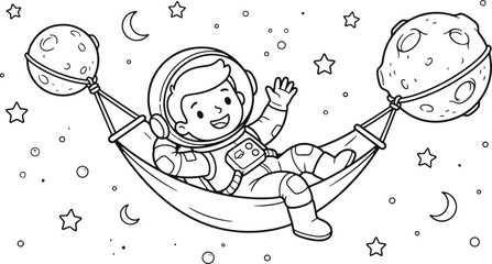 Cute astronaut relaxing in a hammock between two planets for a fun space themed kids colouring page