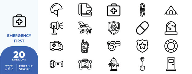 Emergency set. Helmet, firstaid, stretcher, ambulance, walkie-talkie, whle, life buoy, police badge, fire hydrant, rescue cone, searchlight, and fire. Editable stroke. Vector illustration. © khopidd232
