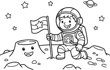Cute cartoon astronaut planting a flag on the moon surface for a fun educational children colouring page activity