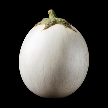Fresh white eggplant with leaves, isolated on black background with clipping path, concept of healthy eating