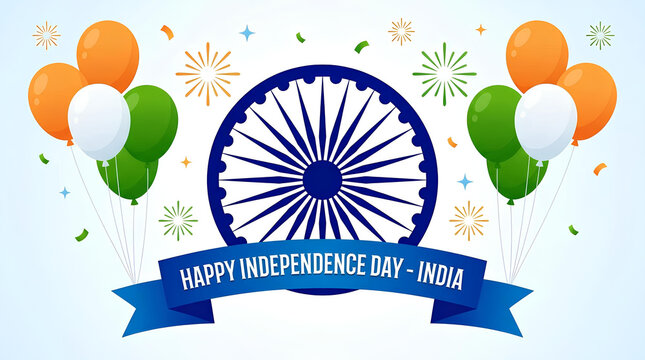 Indian Independence Day greeting with balloons and Ashok Chakra.
