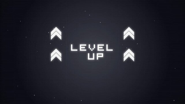 Level Up pixel art text with glowing arrows background
