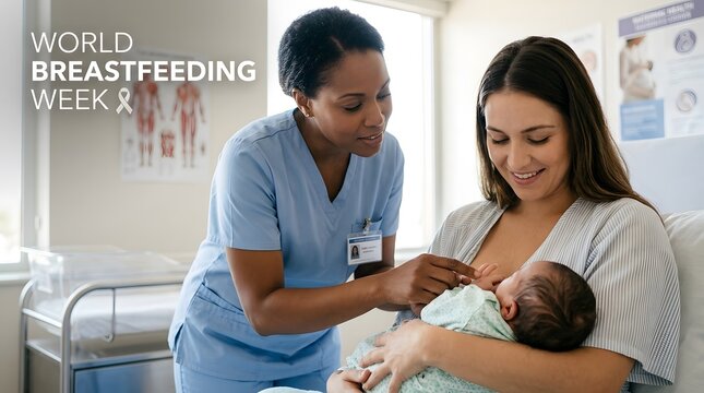 Nurse supporting mother breastfeeding newborn in hospital with breastfeeding