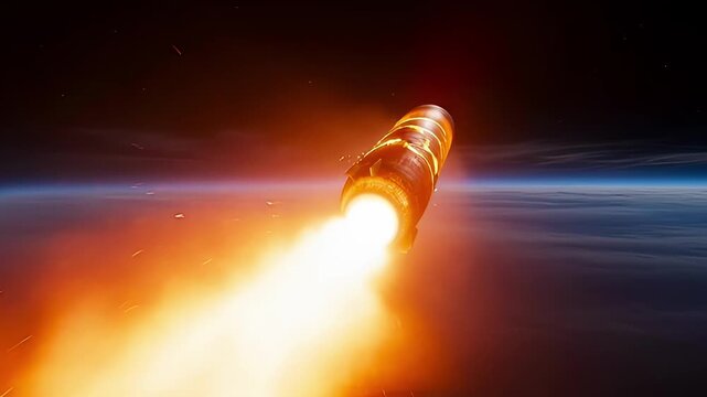 A missile with a nuclear warhead flies above the Earth, invincible force and danger