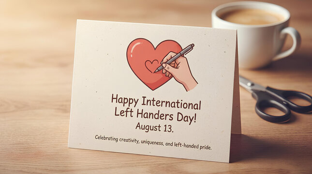 International Left Handers Day greeting card on office desk.