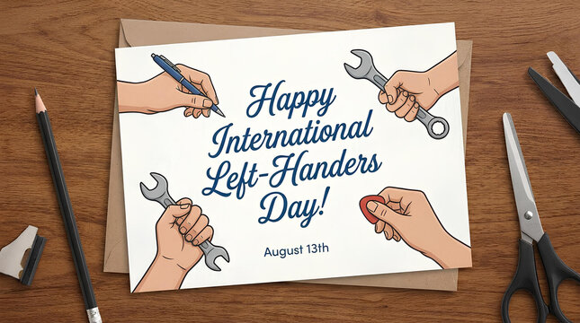 International Left Handers Day greeting card with tools.