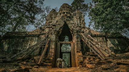 Fototapeta premium Ancient stone stone face entrance gate with scaffolding at Angkor Thom temple complex in Siem Reap, Cambodia