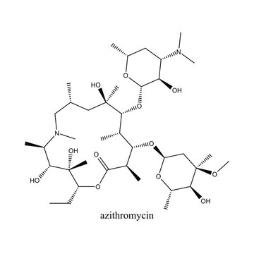Chemical structure of azithromycin, a macrolide antibiotic widely used to treat respiratory, skin, and other bacterial infections. Isolated vector illustration.