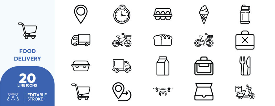 Food delivery service set. Delivery truck, bicycle, scooter, ice cream, meal bowl, takeout box, cart, food cart, cooler, parcel. Editable stroke. Vector illustration.