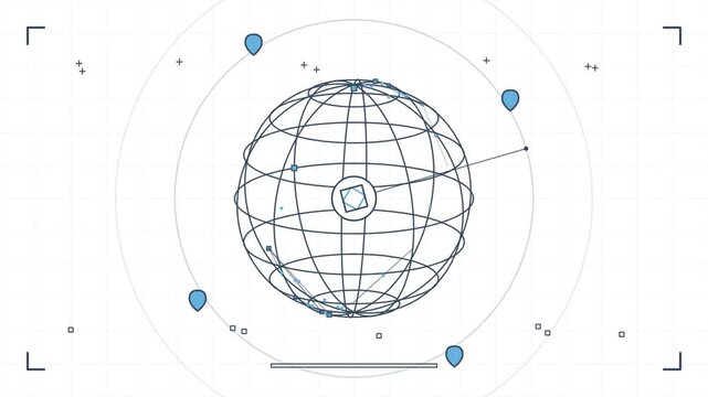 Rotating wireframe globe with digital hud interface and data metrics