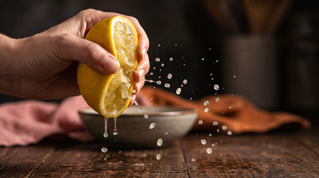Hand Squeezing Lemon over Rustic Bowl with Wide Juice Splash on Dark Wooden Table