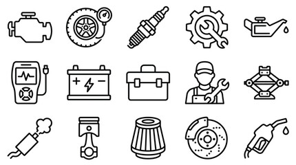 Collection of black and white automotive and mechanical icons. © danu