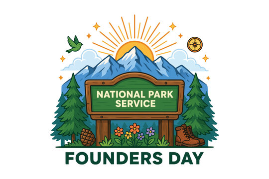 National Park Service Founders Day Vector Illustration, Nature Conservation and United States Park Heritage Concept