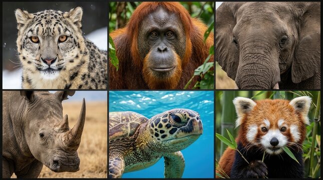 Diverse wildlife portrait grid featuring rare and endangered animal species