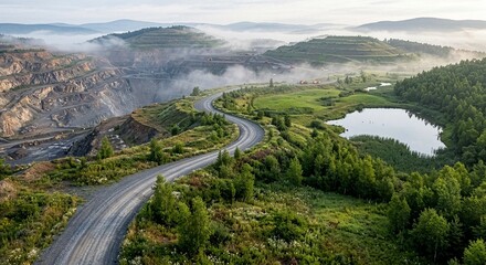 Fototapeta premium Aerial view of reclaimed mine landscape with restored nature, forest and lake