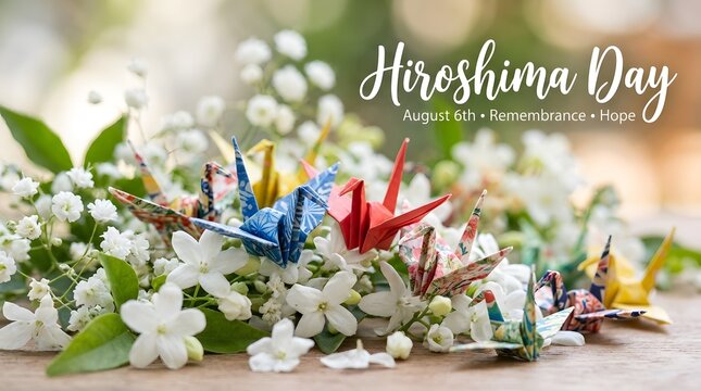 Colorful origami paper cranes arranged with white blossoms for peace remembrance