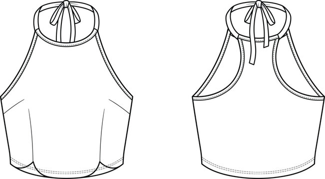 Technical flat sketch vector of a women's halter crop top with front and back views