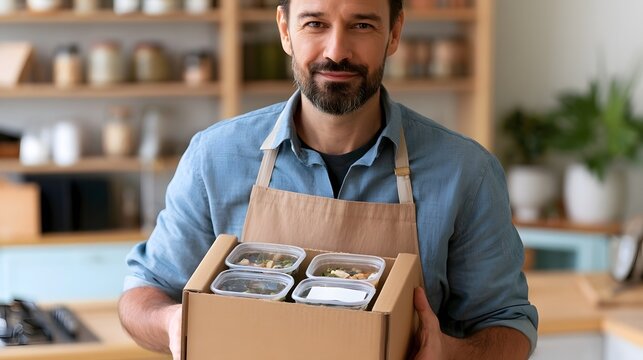 A man wearing an apron holds a cardboard box containing four sealed meal containers in a kitchen setting