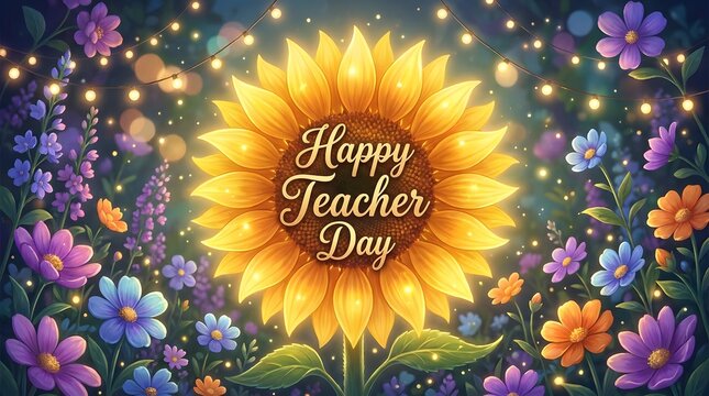 Beautiful sunflower with happy teachers day greeting surrounded by colorful flowers and glowing fairy lights
