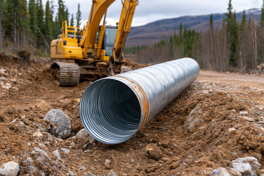 Yellow excavator rests beside a corrugated pipe on dirt ground. Rocky terrain surrounds construction equipment and pipe. Muted sky looms above dense forested hills
