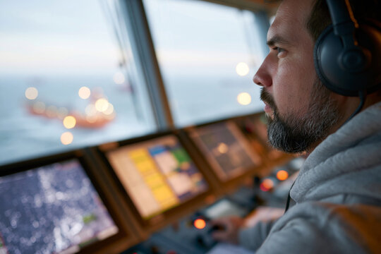 Captain watches screens through window. Fingers press buttons with focused intent. Headphones rest firmly on ears. Sea glows softly beyond glass panes. Boat's control room hums with tech