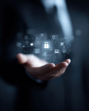businessman holding holographic personal data protection icons and digital privacy policy interface