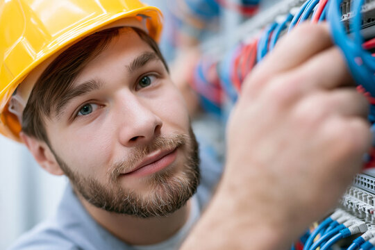 Young technician in yellow hard hat works with cables. Focused gaze shows calm professionalism. Hands carefully handle network wires near patch panel. Ideal for IT, telecom