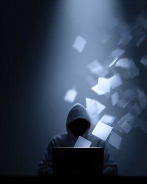faceless hooded spammer sending digital spam emails cybercrime concept