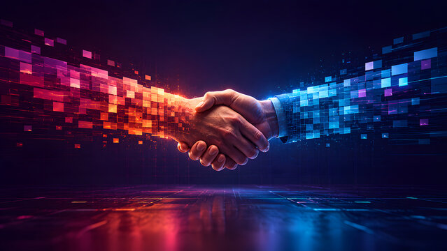 Glowing digital hands shaking with orange and blue pixel particles. Concept of artificial intelligence partnership and technology collaboration.