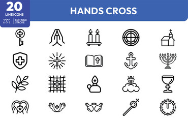 Obraz premium Sacred Motifs set. Crosses, prayer hands, candles, church, menorah, chalice, and religious symbols. Editable stroke. Vector illustration.