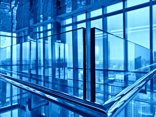 Fototapeta premium Spacious glass atrium with reflections on polished floor and panoramic windows. Empty lobby features