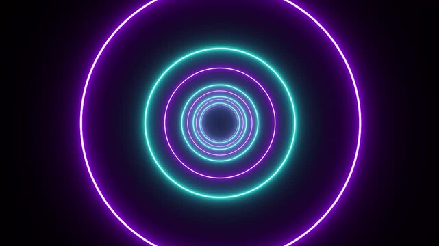 Animated circular tunnel animation, seamless loop. flight inside tunnel, neon light abstract background, round arcade, portal, rings, circles, virtual reality, ultraviolet spectrum, laser show