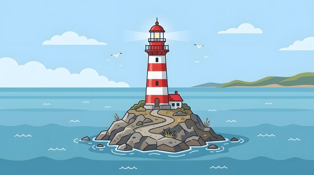 Red and white lighthouse on rocky island