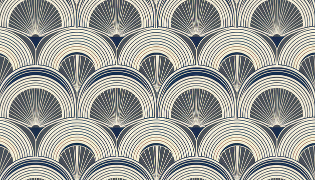Art Deco geometric seamless pattern with fan shapes and lines.