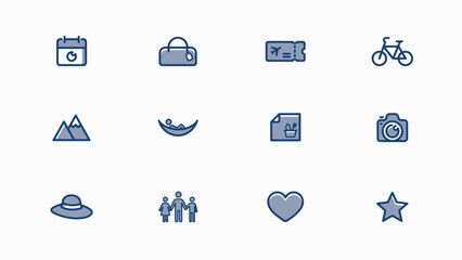 Twelve minimalist icons representing lifestyle concepts with flat style icons depicting various lifestyle themes hobbies cohesive monochromatic blue palette © Jayshri