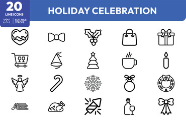 Obraz premium Holiday Festive set. Gift, bow, holly, cart, champagne glass, Chrmas tree, mug, candle, angel, candy cane, snowflake, ornament, wreath, fireplace, turkey, snow. Editable stroke. Vector illustration.
