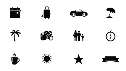 Modern black with displays minimalist collection twelve black silhouette icons representing travel vacation themes against clean white background © Jayshri