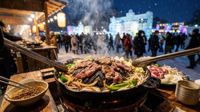 Vibrant crowd of winter visitors dining at outdoor sizzling hot pot sukiyaki barbecue buffet station at night