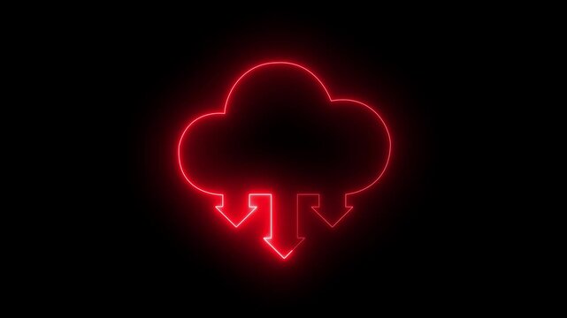 Neon red cloud computing with data download arrows, digital network technology concept.
