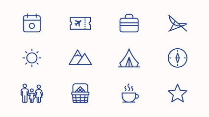Modern minimalist travel adventure and exploration icon set collection with flat vector set twelve icons representing themes travel adventures daily activities © Jayshri