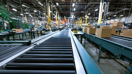 Fototapeta premium A long conveyor belt system in a large warehouse facility transporting boxes through an industrial production line