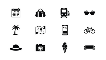 Modern black and white travel and adventure icon set collection with vacation themes against clean white background representing travel essentials © Jayshri